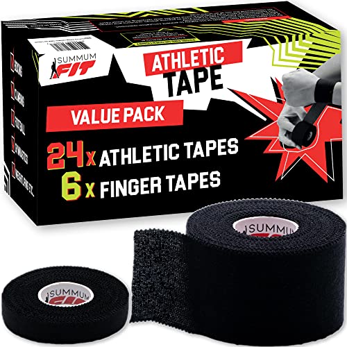 Summum Fit Black Athletic Tape Extremely Strong: 24 Rolls + 6 Finger Tape. Easy to Apply & No Sticky Residue. Sports Tape for Boxing, Football or Climbing. Enhance Wrist, Ankle & Hand Protection Now