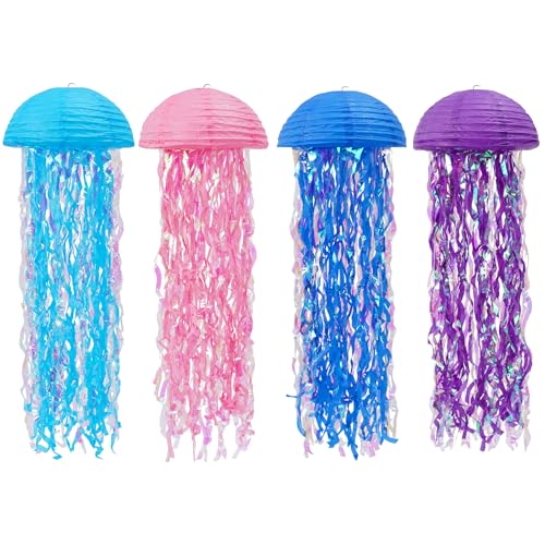 Image of Jellyfish Paper Lanterns Under The Sea Party Decorations Hanging Colorful Jellyfish Lanterns for Baby Shark Mermaid Birthday Party Decorations Baby Shower Classroom Decor Pack of 4 Colorful