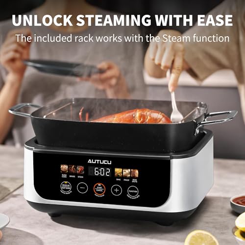 Image of Slow Cooker 7-Quart Programmable Multi-Cooker PFOA-Free Ceramic Coating, Warm, Sear saute, Steamer Function for Family Gatherings (Includes Silicone Spoon) White