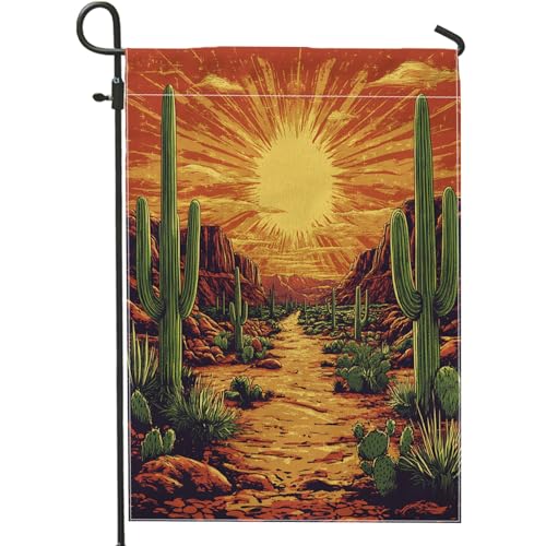 Desert Tropical Cactus Garden Flags 12”x18” Double Sided for Outside Decorative, Western Scenic FrontYard Canvas House Flag, Vintage Succulent Outdoor Small Backyard Lawn Flag