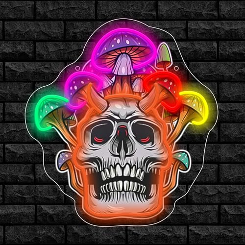 Image of Mushroom Skull Neon Sign For Wall Decor, Colorful UV Printed Neon Light with Retro Design, LED Artwork for Bar, Bedroom, Game Room, Party Decoration Holiday Birthday Gifts