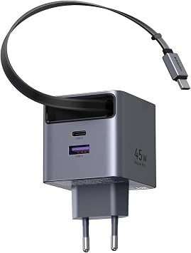 UGREEN 45W Makaral  Dahili Kablolu GaN H zl   arj Cihaz , 2xUSB-C, 1xUSB-A, Gri, 65822
