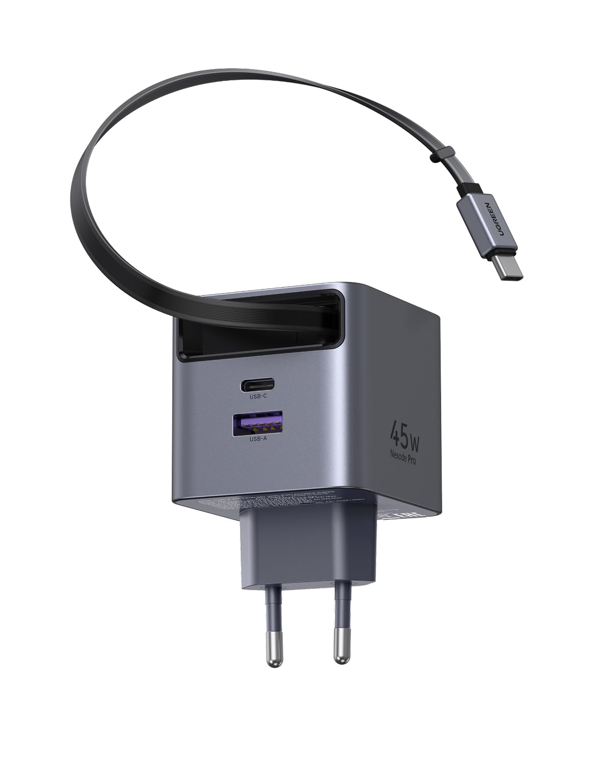 UGREEN 45W Makaralı Dahili Kablolu GaN Hızlı Şarj Cihazı, 2xUSB-C, 1xUSB-A, Gri, 65822