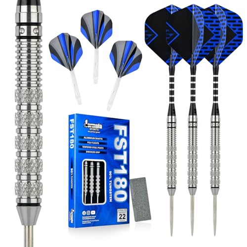 Formula Sports 90% Tungsten Darts Metal Tip Set 21g/22g/23g/24g, Professional Steel Tip Darts Set with Aluminum Shafts, Tungsten Barrels, Extra Flights, Dart Sharpener, Gift Box (Silver, 24g)