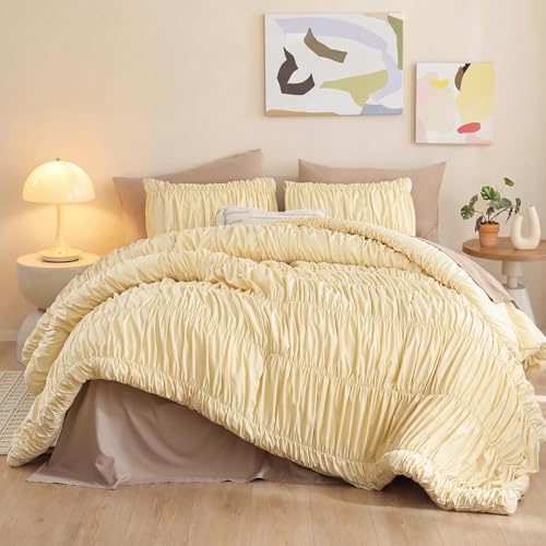 Image of weigelia Cinched Comforter Set Queen - Soft Ruched Bedding Set, 3PCS Light Yellow All-Season Fluffy Lightweight Comforter with Pillowcases for Bedroom, Apartment & Dorm Decor
