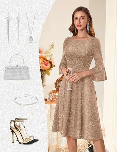 Image of HomRain Women's Church Dresses Modest Bell Sleeve Wedding Guest Cocktail Tea Party Vintage Evening Dress