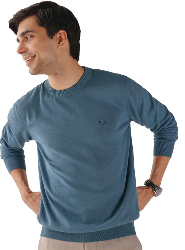 andamen Men's Solid Cotton Regular Fit Pullover Blue-picture-12