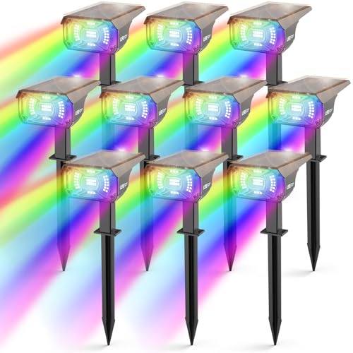 LEREKAM Solar Spot Lights Outdoor Color Changing, IP65 Garden Lights Solar Powered Waterproof with 9 Light Modes, Colored Landscape Lighting Auto On/Off, for Garden Pool Area Pond Yard, 10 Pack