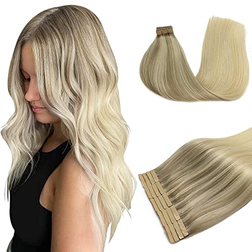DOORES Tape in Hair Extensions Human Hair Ombre Ash Blonde to Golden Blonde and Platinum Blonde 50g 14 Inch 20pcs Real Human Hair Extensions Tape in Straight Real Natural Hair Extensions