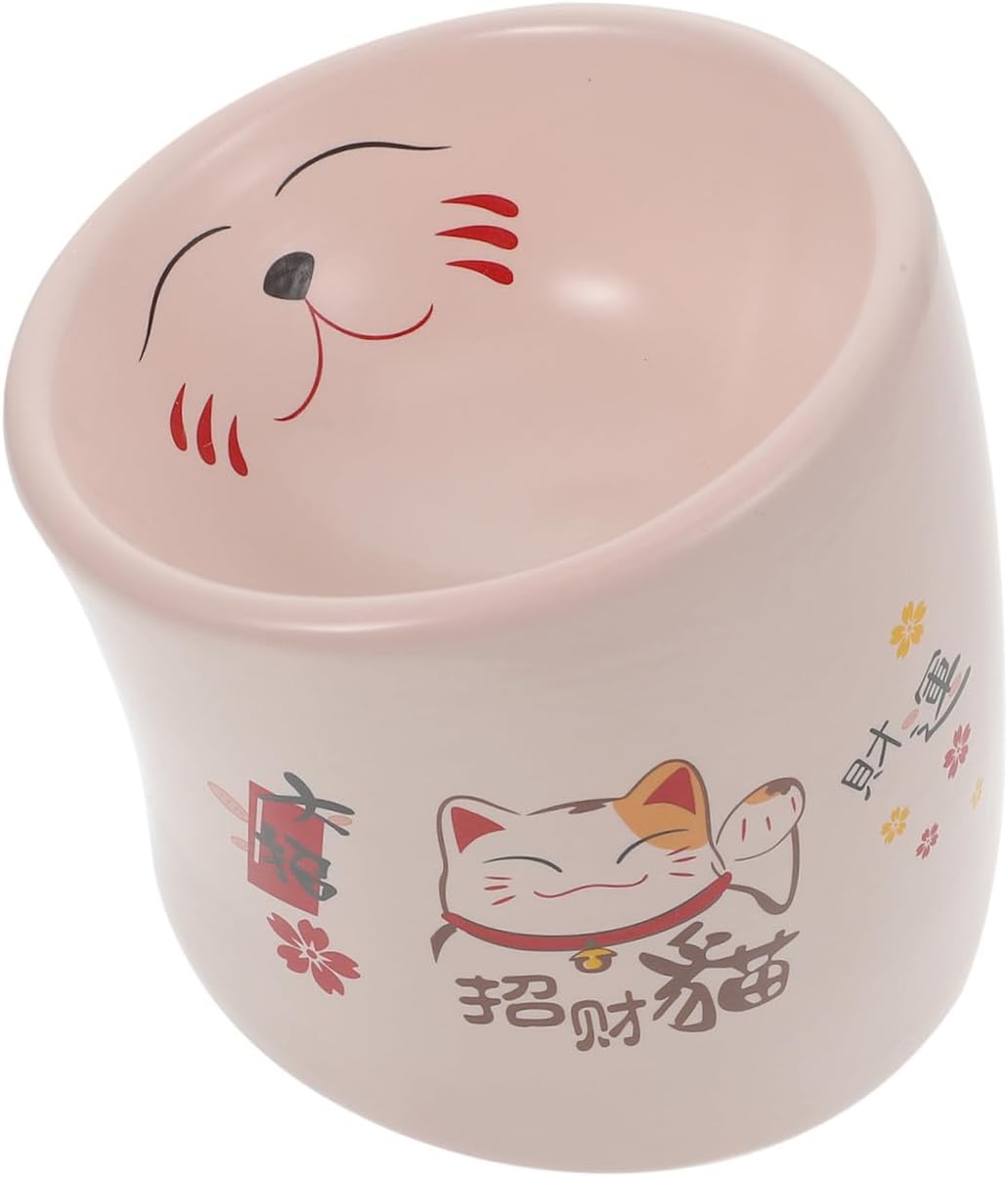 Anti-Spill Elevated Ceramic Cat Bowl Pink with Safety Neck Protector, Non-Slip Kitten Feeder Dish for Indoor Pet Cats and Puppies