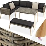 TecTake® Conjunto Jardín Combinable en Ratán y Aluminio, Cojines, Conjunto Terraza Resistente a la Intemperie, Muebles Jardín Exterior 1 Sofá, 1 Banco, 1 Mesa con Cristal, Fundas Extraíbles - Natural