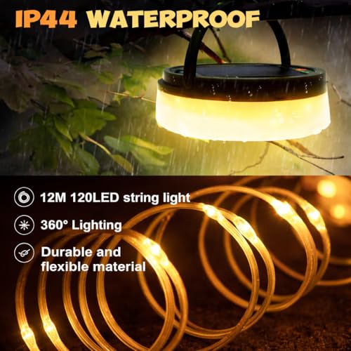 Image of XERGY Solar + USB-C Rechargeable Camping LED String Lamp + Light | USB Output Powerbank | Remote Control | 3600mAh | 5 Modes | Timer | Waterproof Portable Hanging for Outdoor Hiking, Party- 12Mtr