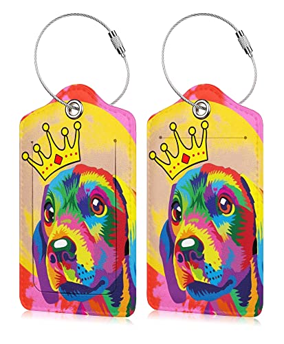 Image of Set of 2 Luggage Tags for Suitcases Leather Cute Luggage Tag with Stainless Steel Loop Privacy Cover ID Label Travel Bag Tags Dog Crown Luggage Identifiers for Women Men Travel