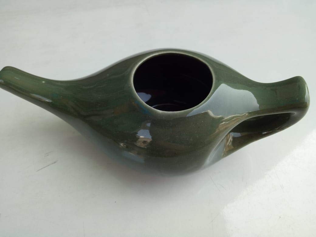 Leak Proof Durable Porcelain Ceramic Neti Pot Hold 300 Ml Water Comfortable Grip With 10 Sachet Neti Salt | Eco Friendly Natural Treatment for Sinus & Congestion (Olive Green)