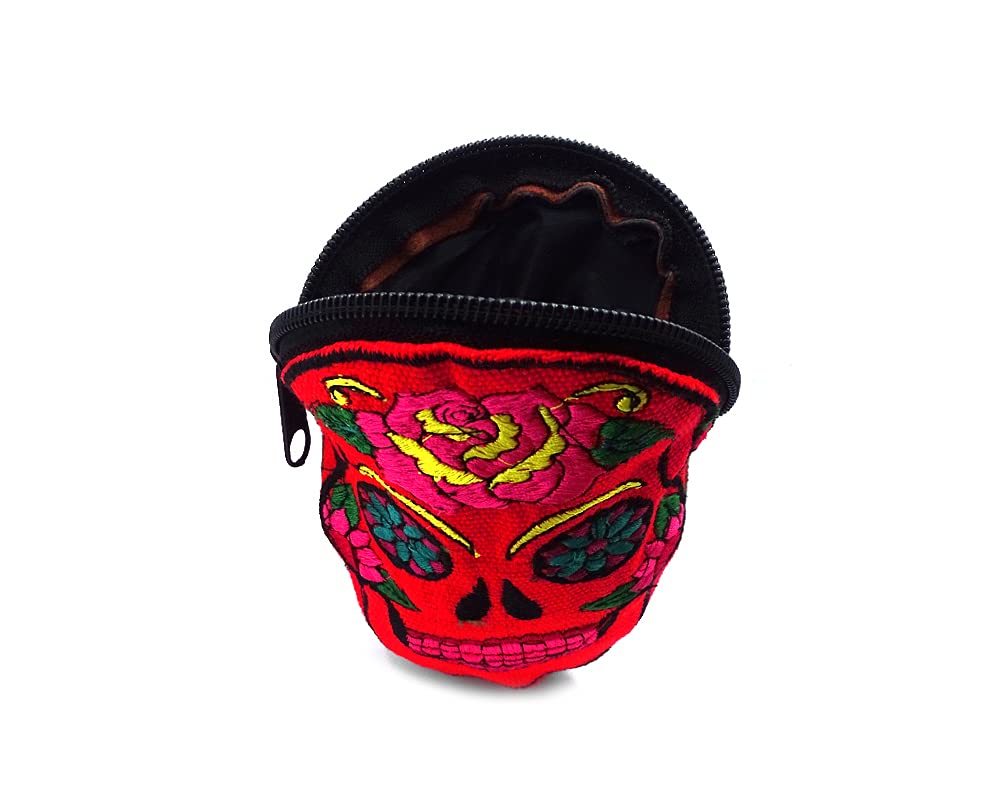 Day of the Dead Sugar Skull Shaped Floral Embroidered Coin Purse Pouch - Womens Fashion Handmade Bags Boho Travel Accessories (Red)