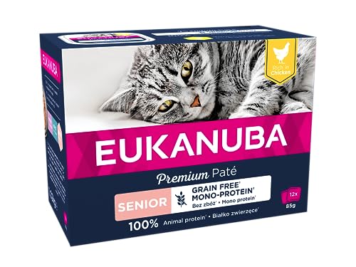 EUKANUBA Senior Katzenfutter nass getreidefrei - Premium Nassfutter mit viel Huhn für ältere Katzen, 12 x 85 g