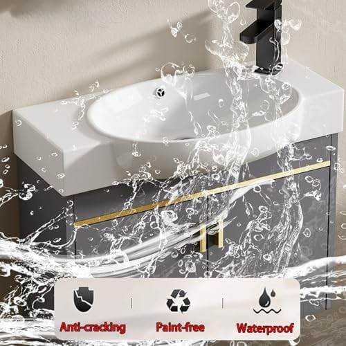 Wall Mounted Ceramic Vanity Sink with Mirror, Floating Wash Basin for Small Spaces, Space-Saving Bathroom Solution,