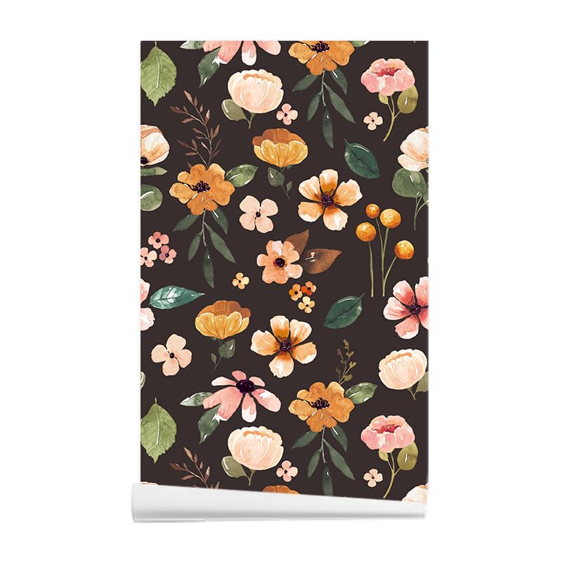 ANBILILA Self-Adhesive Wallpaper, Modern Floral Colourful Flower Black Background Peel and Stick Contact Paper, 44.5X500CM Floral Pattern Removable Wallpaper Deco Film for Wall Sticker