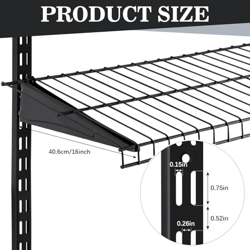 Image of Wonderjune 6 Pcs Adjustable Locking Shelf Bracket 16 Inch Shelf Brackets Heavy Duty Wire Shelving Brackets for Deep Wire Shelving Double Track System (Black)
