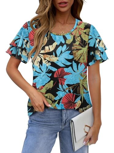 CRAZY GRID Women's Shirts Summer Casual Crewneck Ruffle Short Sleeve Blouses Cute Floral Print Tunic Tops