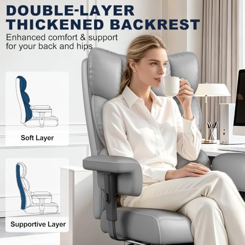 Image of Misolant Big and Tall Office Chair with Footrest, High Back Executive Desk Chair with Adjustable Lift Armrest, 155Recline,Lumbar Support Pillow, Faux Leather Gaming Chairs for Home or Office Gray