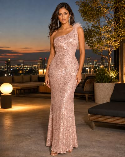 Image of One Shoulder Formal Evening Gowns Sequin Mermaid Maxi Dress for Wedding Guest