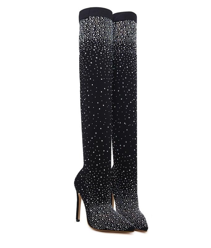 Ichlovdu Bottes hautes pour femme avec strass - Sexy - Stretch - Stiletto - Talons hauts - Bout pointu - Matière élastique, Noir , 43 EU