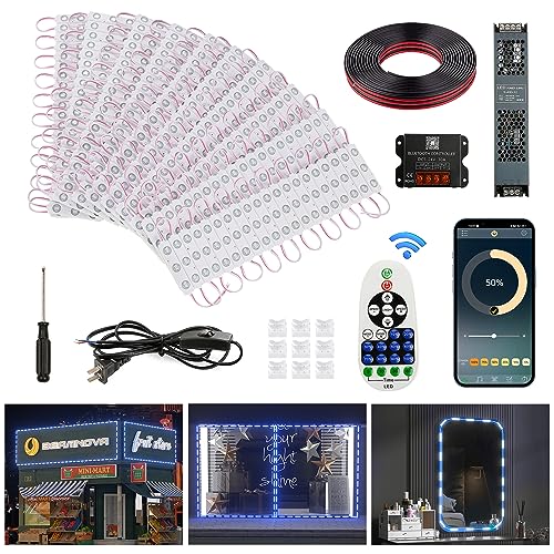Image of BEAMNOVA 100Ft Blue Commercial Storefront Lights Kit, Remote or Bluetooth App Control, AC 120V to DC 12V 400W Power Supply Transformer, Dimmable Waterproof Window Strip Light Modules