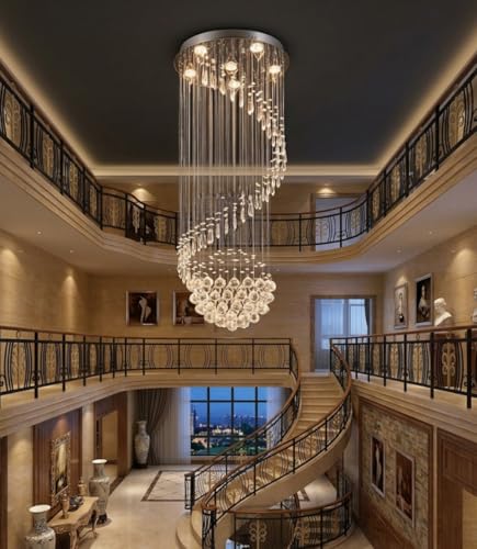 Image of Sanleen Modern Contemporary K9 Crystal Glass Double Height Chandelier Ceiling Lighting Lamp (Design 5) | 2 Ft Width x 8 Ft Height Luxury Staircase Chandelier for Duplex, Foyer, Lobby & Villa Decor