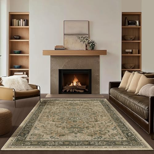 Jainmy Medallione 6x8 Area Rugs for Living Room, Low Pile Thin Washable Non Slip Rugs for Bedroom Dining Room, Vintage Distressed Carpet for Home Office Guest Room, Multi Brown/Olive Accents