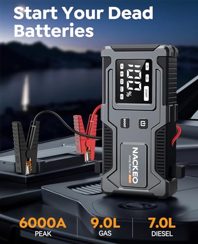 NACKEO Jump Starter 6000A, 12V Car Battery Jump Starter with Built-in Smart Jumper Cables, Car Jump Starter Jump Box Portable Jumper Cables for car (9.0L Gas/7.0L Diesel), LCD Display, LED Light