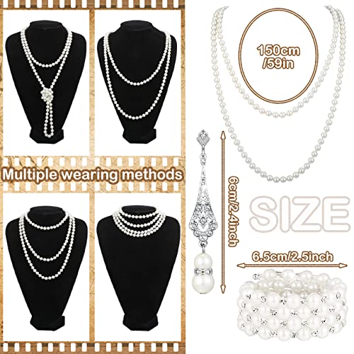 3 Pcs 1920s Pearl Jewelry Set - Including Pearl Necklace, Dangle Rhinestone Earrings & Bracelet for Women's Halloween Party3