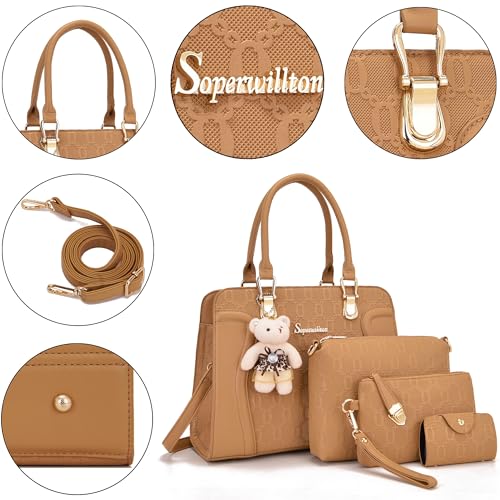 Image of Women's Fashion Handbag Tote Bag Shoulder Top Handle Satchel Purse Set 4pcs | Stylish Style,Chain Texture Design,Ample Space,Bear Doll Decoration,with a Crossbody Strap