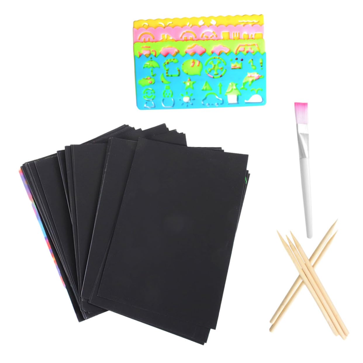 HEMOTON Sheets Scratch Paper Art Sheets Set Stencils Wooden Stylus Brush for Boys and Girls Art Fun