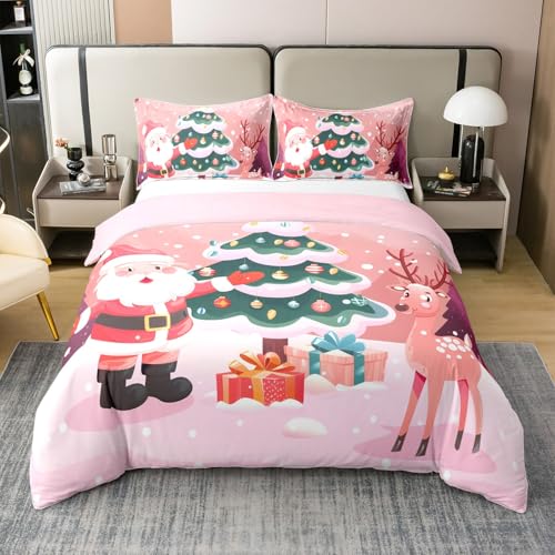100% Cotton Christmas Queen Duvet Cover,Christmas Snow Tree Comforter Cover,Santa Claus Bedding Set for Kids Girls,Kawaii Moose Animal Quilt Cover,Cute Cartoon Bedspread Cover for Bedroom Decor,Pink