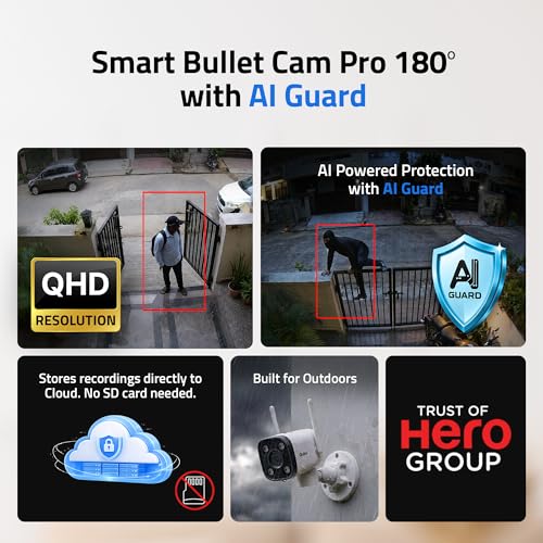 Image of Qubo Smart Bullet Cam Pro 180 by Hero Group | STQC Certified | AI Person Detection | Automatic Alarm & Spotlight | Night Vision | IP66 Rating | Records Directly on Cloud | No SD Card Required
