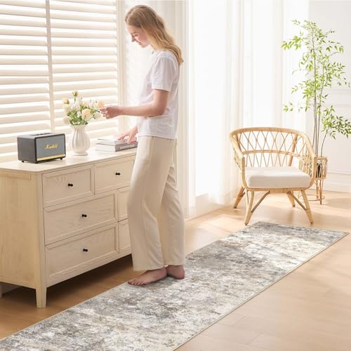 2X8 Washable Runner Rug for Hallway: Soft Neutral Modern Abstract Area Rug - Non-Slip Low Pile Long Throw Indoor Carpet for Kitchen Entryway Kitchen Bedroom Laundry- Brown Grey