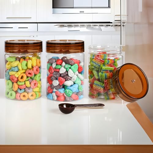 Image of PEARLPET Plastic Containers for Kitchen Storage | Plastic Container Set with Spoon | BPA-Free, Stackable Jars | Brown, 300 ML (Set of 3)