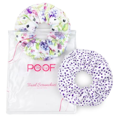 Poof Towel Scrunchies Extra Large for Wet Hair Girls & Women Set of Two (Floral/Purple)
