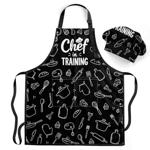 Chef in Training Kid Apron for Boys Girls with Pocket & Chef Hat, Polyester Baking Painting Apron, Gift for Christmas Birthday