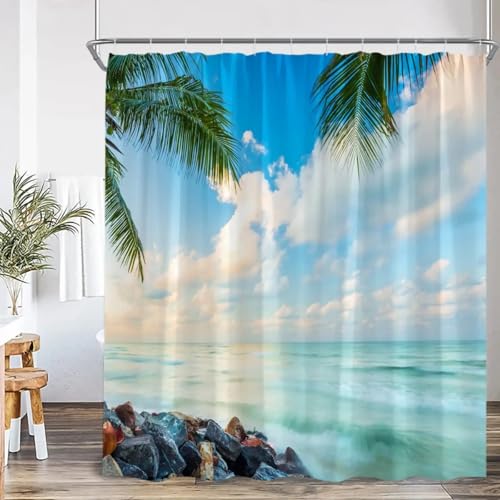 Rideau de douche paysage de bord de mer avec crochets écran de bain