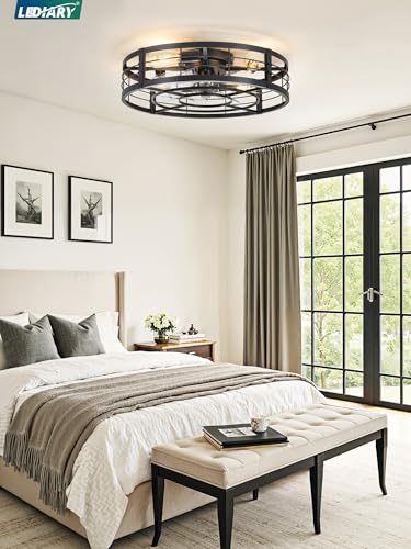 Image of LEDIARY 23 inch Caged Ceiling Fan with Light and Remote, Low Profile Flush Mount Fandelier, Black Bladeless Enclosed Small Fan Lights Ceiling Fixtures, Rustic Farmhouse Style for Bedroom, Outdoor