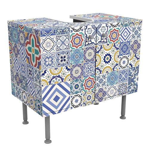 micasia Waschbeckenunterschrank 2 Türen Muster höhenverstellbar mit Füßen - 60er Breite - Geometrisch Fliesenoptik Unterschrank blau Bad Gäste WC Möbel mit Motiv 1695