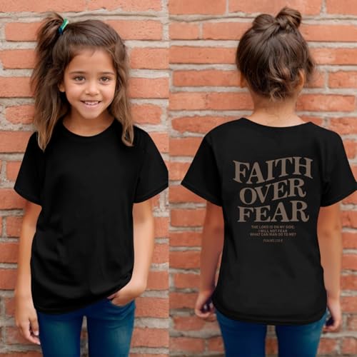 Image of Faith Over Fear Shirt Christian Jesus Tshirts for Girls Religious Inspirational Tees Bible Verse Tops for Kids 3-12