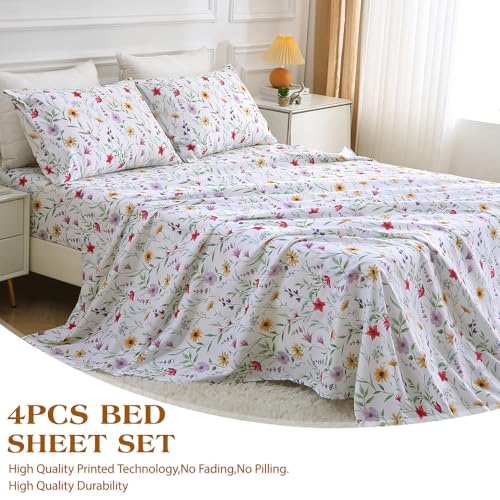 Image of MUXHOMO Full Size 4 Piece Sheet Set, Soft & Breathable Sheet for Bedroom with Deep Pocket Up to 16 inch, Wrinkle-Free & Cooling Bed Sheet with Flat Sheet, Fitted Sheet & Pillowcases - Romantic Flowers