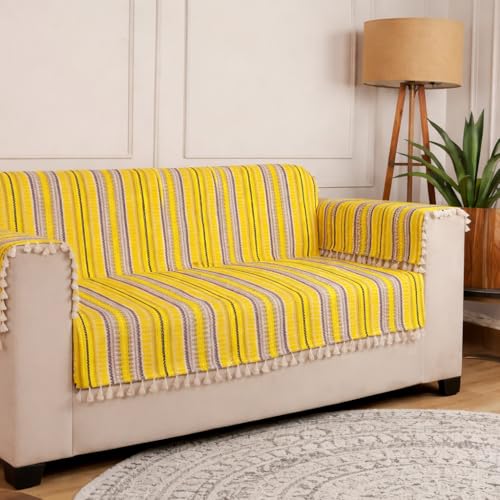 Image of Gifts Island 4 Seater Cotton Sofa Cover Mat | Anti Slip Sofa Cover Throw | All Over Furniture Protector with Elastic Straps | Washable Couch Cover for Living Room (Yellow, 4 Seater)