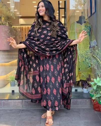 Image of Dress for Women | Anarkali Maxi Dresses | Three Piece | Embroidered Flared | Cotton Printed | with Pant and Dupatta | Long | Black