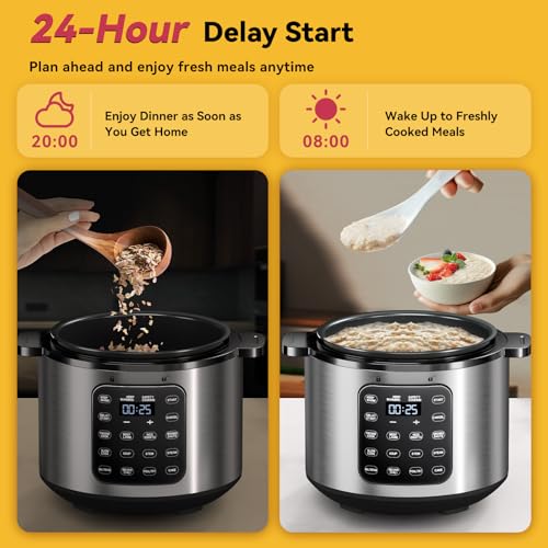 Image of Electric Pressure Cooker 6 Quart Silver, Non-stick Pot, 9-in-1 Instant Pot, 12 Preset Functions with Touchscreen, Safe Steam Release, Stew, Slow Cook, Rice, Saute, Warmer