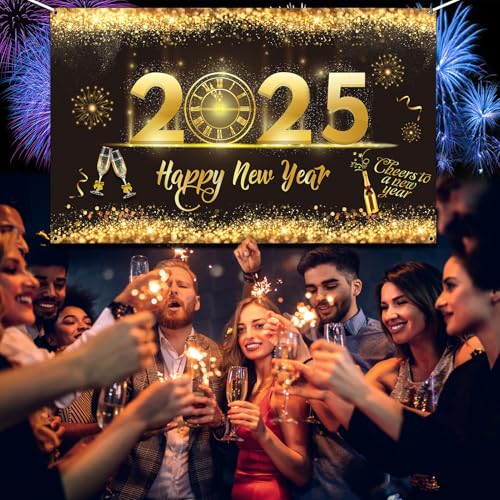 Happy New Year Banner 2025 Extra Large – 73×43 Inch, Black Gold Happy ...