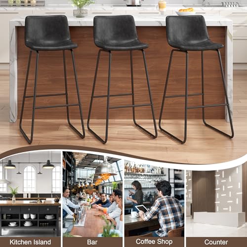 Image of REONEY Bar Stools Set of 3, 30 inch Faux Leather Counter Height Stools, Black